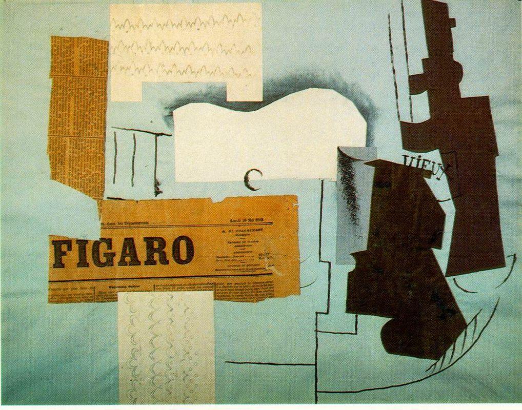 Bottle of Vieux Marc, Glass, Guitar and Newspaper - Pablo Picasso