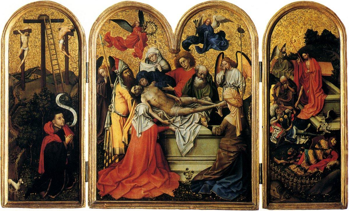 Triptych: The Two Thieves with the Empty Cross, The Entombment, The Resurrection - Robert Campin