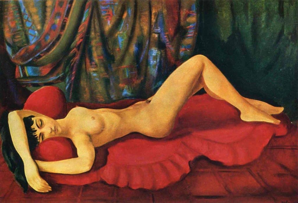 Large Nude Josan On Red Couch - Moise Kisling